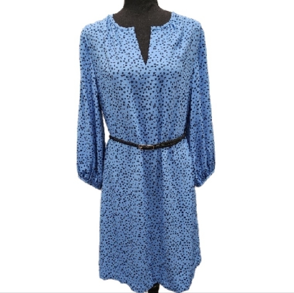 Ann Taylor Women V-Neck Loose Fit Long Sleeve Black/Blue Dress Medium